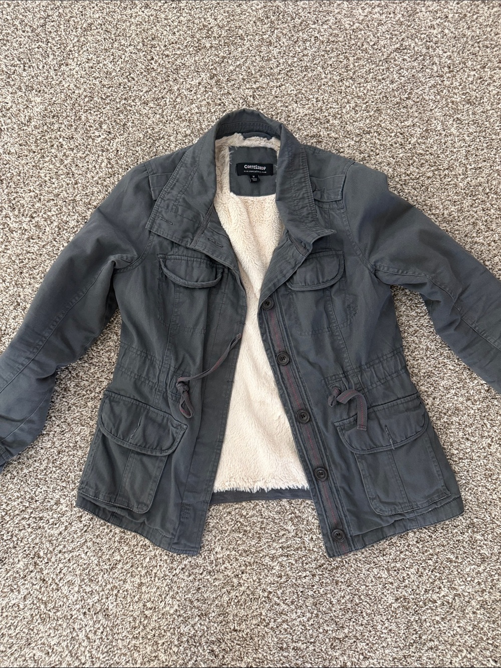 CoffeeShop Dark Gray Utility Jacket with Cream Sherpa Lining